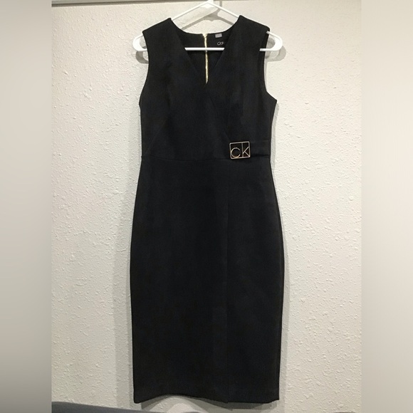 Calvin Klein Dresses & Skirts - Calvin Klein Women’s Black Faux Suede Sheath Dress Size 6 Sleeveless Midi Logo